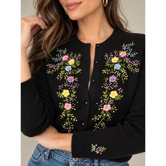 Unknown Sweaters - Vtg 60s 70s Black Lambswool Floral Embroidered Cardigan S Folk Art Cottage Fairy